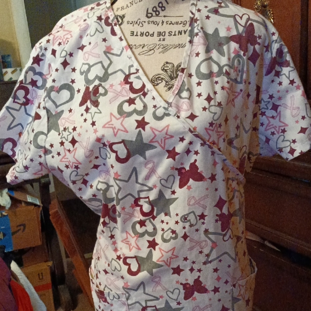 Women Stars And Breast Cancer Ribbons Scrub Top By Denice Size L